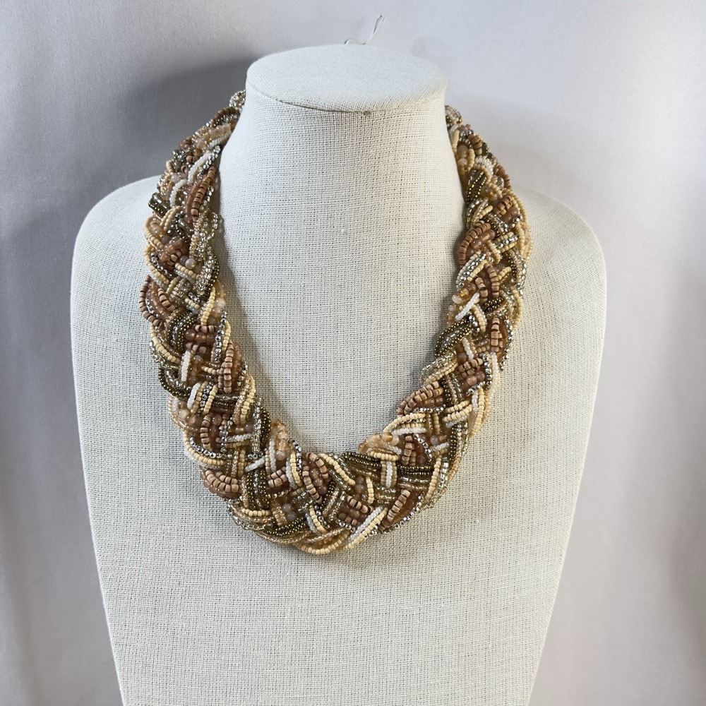 Vintage Collar Necklace Braided Seed Beads Earth Tones 18" - 21" Glass & Wood